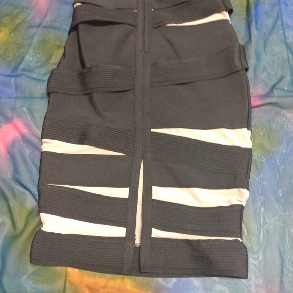 ❤️CELINE PARIS Runway Black / Tan Bandage Bodycon Strapless Wiggle Dress Small - Picture 7 of 10